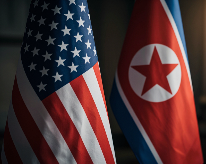 Symbolic tension between US and North Korea flags