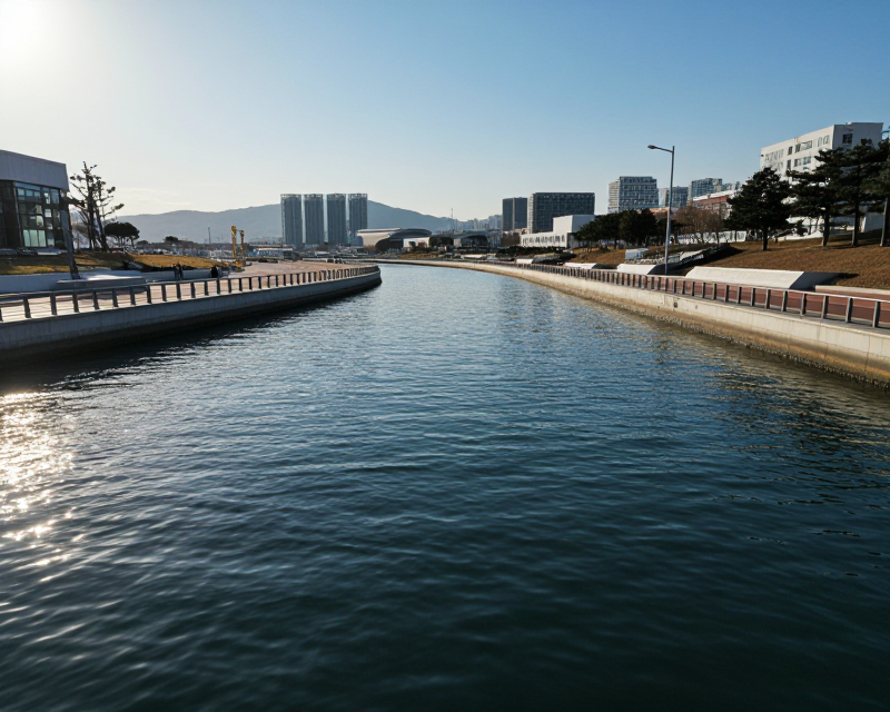 Cinematic view of Busan North Port canal