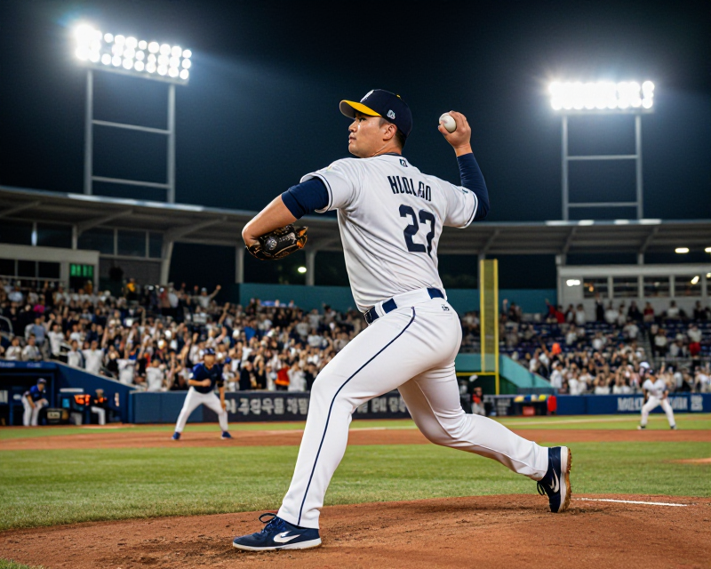 A professional baseball pitcher in a Korean stadium
